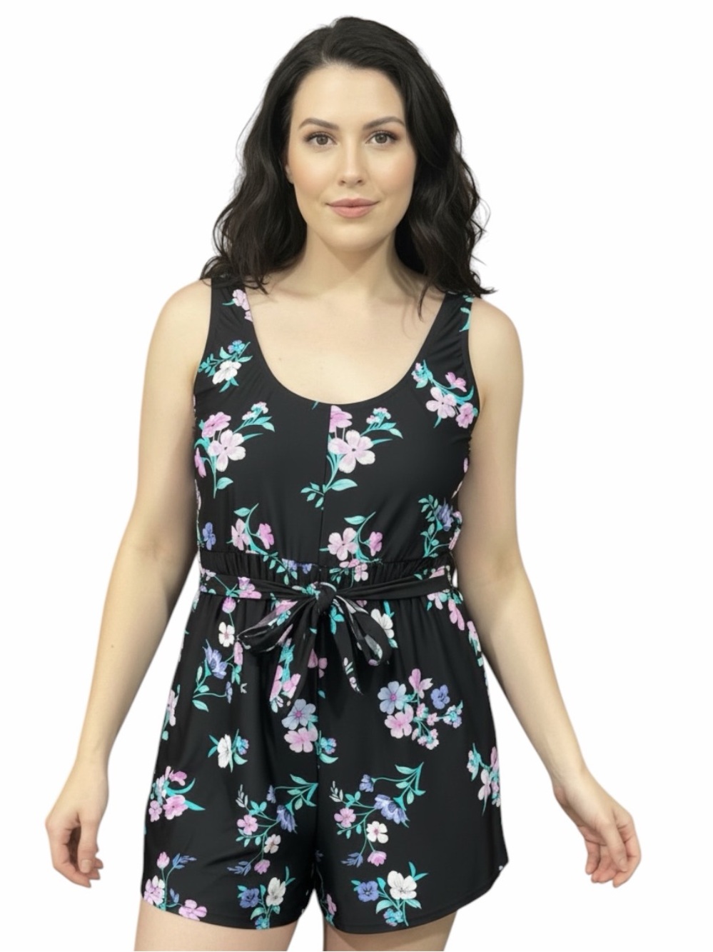 Blair Women’s Tummy Control Romper Style Swimsuit Black Floral Size 26W